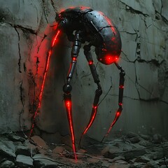 Poster - Elongated limbs red claws glowing insect creature stands against a cracked stone wall neon highlights casting strange shadows Barbed wire lies on the dark ground adding tension to the eerie scene