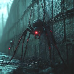 Poster - Elongated limbs red claws glowing insect creature stands against a cracked stone wall neon highlights casting strange shadows Barbed wire lies on the dark ground adding tension to the eerie scene