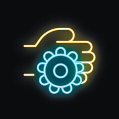Poster - Neon sign depicting a hand carefully holding a gear, illuminated against a dark background, embodies the essence of engineering and innovation