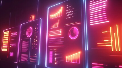 Poster - a vibrant, futuristic display of data visualizations featuring glowing graphs and charts in neon col
