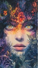 Poster - Artwork of a secret garden with a woman in the center showcasing deep madness through intricate complexity watercolor style and expressive eyes illuminated by soft natural light