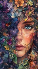 Poster - Artwork of a secret garden with a woman in the center showcasing deep madness through intricate complexity watercolor style and expressive eyes illuminated by soft natural light