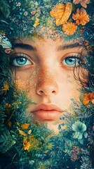 Poster - Artwork of a secret garden with a woman in the center showcasing deep madness through intricate complexity watercolor style and expressive eyes illuminated by soft natural light