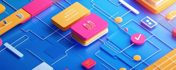 Poster - A vibrant digital illustration featuring colorful blocks and interconnected lines, symbolizing technology and connectivity.