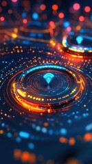 Poster - a vibrant digital design featuring concentric circles with glowing colors and a wi-fi symbol, evokin
