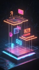 Poster - a futuristic digital scene featuring neon platforms and holographic displays, symbolizing technology