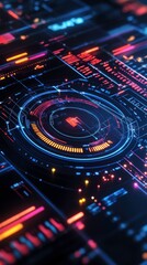 Poster - A vibrant digital interface featuring circular data patterns and glowing elements in neon colors, suggesting advanced technology or futuristic design.