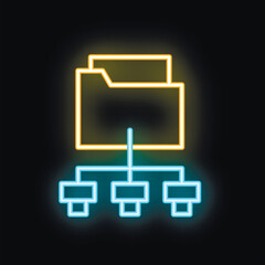Poster - Neon glowing icon of a data network sharing a digital folder, representing cloud computing and data storage