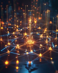 Poster - A futuristic network of glowing nodes and interconnected lines, representing data flow and digital connectivity.