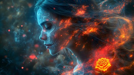 Poster - Hyperrealistic 3D woman long brown hair flowing like smoke half skeletal face neon flamelike lights in blue and red fractal rose beside her cosmic void background dark dream sequence