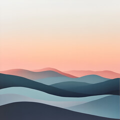 Poster - Serene Mountain Layers: Capturing the essence of tranquility, this minimalist landscape presents rolling mountain ranges in soft shades of blue, orange, and beige, conveying a sense of peace.