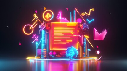 Poster - a vibrant, colorful graphic featuring neon shapes and icons, symbolizing creativity, technology, and