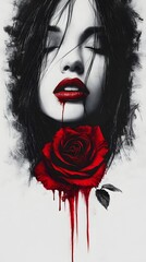 Poster - Hyperrealistic black white pencil sketch of a girl smokey silhouette red dripping from her lips and a vivid red rose both elements in stark contrast to the faint mystical shading