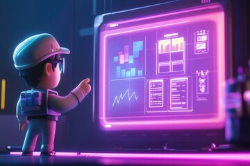 Poster - A small character interacts with a glowing, digital interface, displaying graphs and data in a futuristic, neon-lit environment.