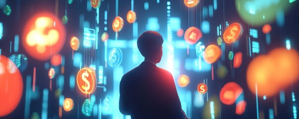 Poster - A silhouetted figure stands amidst colorful, floating currency symbols in a digital landscape, representing finance and technology.
