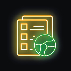 Poster - Glowing neon icon of a document with check marks and a globe, representing international business strategies