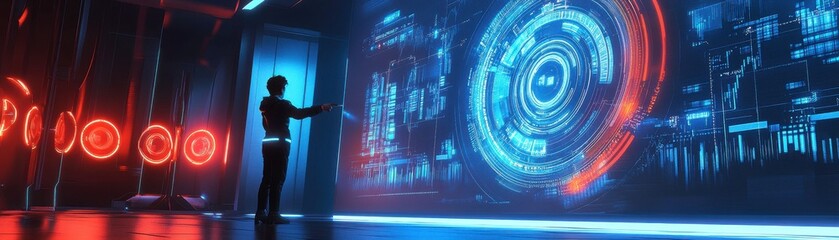 Poster - a person interacts with a futuristic, holographic display in a technologically advanced environment 