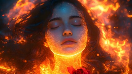 Poster - Hyperrealistic woman brown hair half skeletal face eyes closed neon lights swirl like flames around her fractal rose beside cosmic void dramatic lighting mysterious cinematic effect