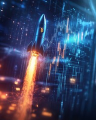 Poster - A sleek rocket launches into a vibrant digital landscape, emitting fiery exhaust amidst streams of data and light.