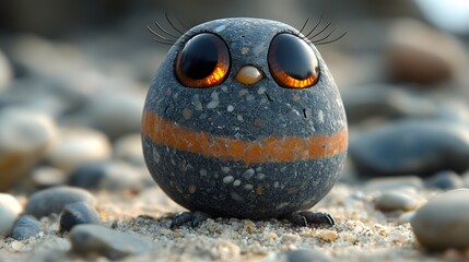 Poster - Hyperdetailed pebble bodybuilder a beach alternating stripes of orange black and gray stones glowing dark pebble eyes delicate whiskers standing in a funny pose against a bright sandy background
