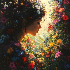 Poster - Mysterious secret garden with a beautiful woman surrounded by vibrant flowers using oil painting techniques and chiaroscuro lighting to highlight intricate details in a surreal environment