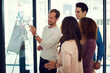 © peopleimages.com - Office, meeting and glass wall for sticky notes, writing and planning with discussion for erp report. Men, women and team for small business, strategy and collaboration for partnership or b2b project