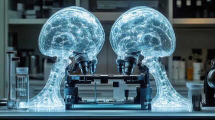 Poster - Two large glowing blue brain models on display for educational or scientific purposes