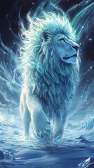 Fototapete - A crystal fractal art style a majestic lion with a multifaceted gemstone mane prowls the glittering arctic tundra surrounded by icelike shards and a swirling aurorafilled sky