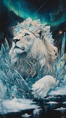 Poster - A crystal fractal art style a majestic lion with a multifaceted gemstone mane prowls the glittering arctic tundra surrounded by icelike shards and a swirling aurorafilled sky