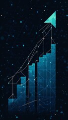 Wall Mural - Abstract Cyan Line Chart Depicting Growth on Dark Blue Background With Ascending Arrow