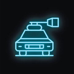 Poster - Blue neon icon of a police car driving fast with its siren flashing on dark background