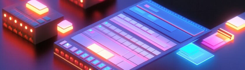 Poster - A vibrant electronic music production setup featuring illuminated pads and a sleek interface, creating a modern, creative atmosphere.
