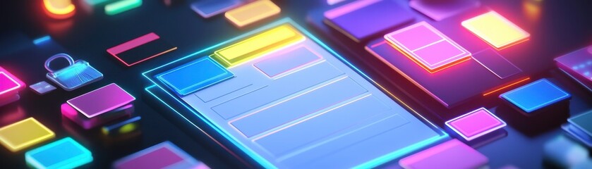 Poster - a vibrant, modern digital interface featuring colorful square icons and a prominent display, suggest