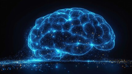 Poster - Glowing brain illustration emitting blue light on dark background for science and technology concepts