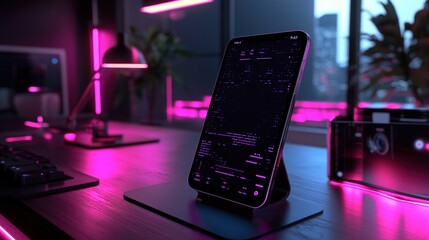 Poster - Cell phone resting on a desk next to a computer keyboard in a modern workspace setting