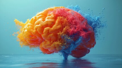 Aufkleber - Colorful brain illustration exploding in water creating vibrant splashes and ripples in a dynamic composition
