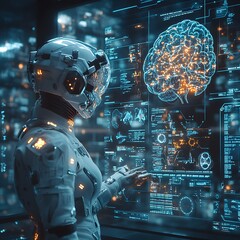 Poster - A futuristic lab a central figure wearing a hightech headset and glowing suit interacts with a floating brain while bright screens display complex scientific data and anatomy visuals