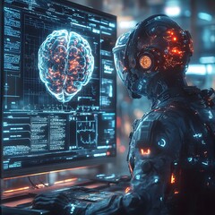 Poster - A futuristic lab a central figure wearing a hightech headset and glowing suit interacts with a floating brain while bright screens display complex scientific data and anatomy visuals