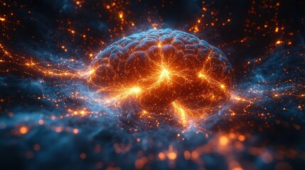 Poster - Glowing human brain illustration in dark background representing intelligence and thought processes