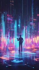 Poster - A silhouette of a person stands amidst vibrant, glowing cityscapes, symbolizing data, technology, and digital innovation.
