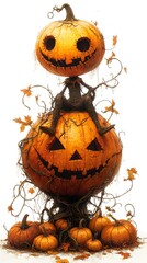 Poster - A Halloween scene a character with a stitched smile sits atop a large pumpkin surrounded by smaller pumpkins and curling vines The background is white enhancing the vibrant colors