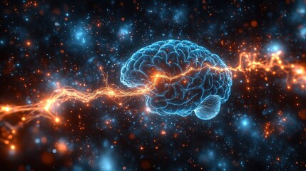 Poster - Brain with glowing blue and orange light emanating from it in a dark background