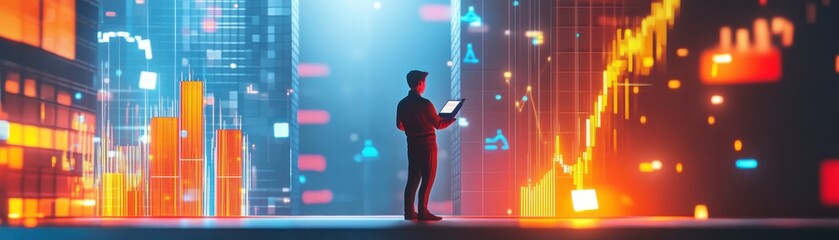 Poster - A business professional analyzes data against a vibrant city backdrop, symbolizing finance and technology.
