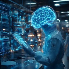 Poster - A hightech lab a central figure in a luminescent suit interacts with a floating brain while scientists analyze holographic data on screens illuminated by cool blue LED lights