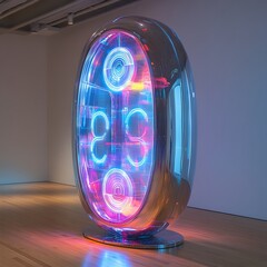 Fototapete - A minimalist space a futuristic grandfather clock made of reflective materials features a holographic display with shifting neonblue numbers The inner workings reveal vibrant rotating energy rings