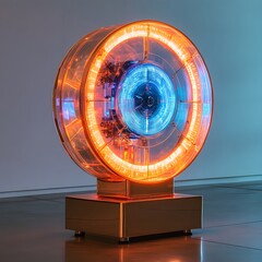 Fototapete - A minimalist space a futuristic grandfather clock made of reflective materials features a holographic display with shifting neonblue numbers The inner workings reveal vibrant rotating energy rings