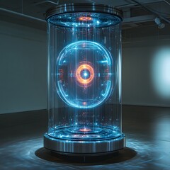 Fototapete - A minimalist space a futuristic grandfather clock made of reflective materials features a holographic display with shifting neonblue numbers The inner workings reveal vibrant rotating energy rings