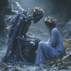 Poster - A moody setting a skeletal figure with wings whispers to a seated figure in flowing garments a floral wreath on their head A smaller figure watches in concern icy elements enhancing the atmosphere