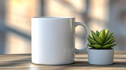 Wall Mural - White mug, succulent plant, wooden table, office background, mockup