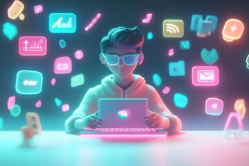 Poster - A vibrant digital scene depicting a young person in stylish glasses, engaged with a laptop surrounded by colorful app icons and symbols.